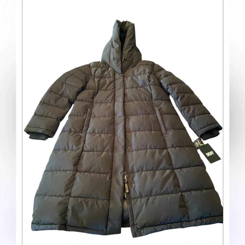 NWT DKNY BLACK BIBBED SHAWL COLLAR HOODED PUFFER SIZE LARGE - Picture 6 of 10